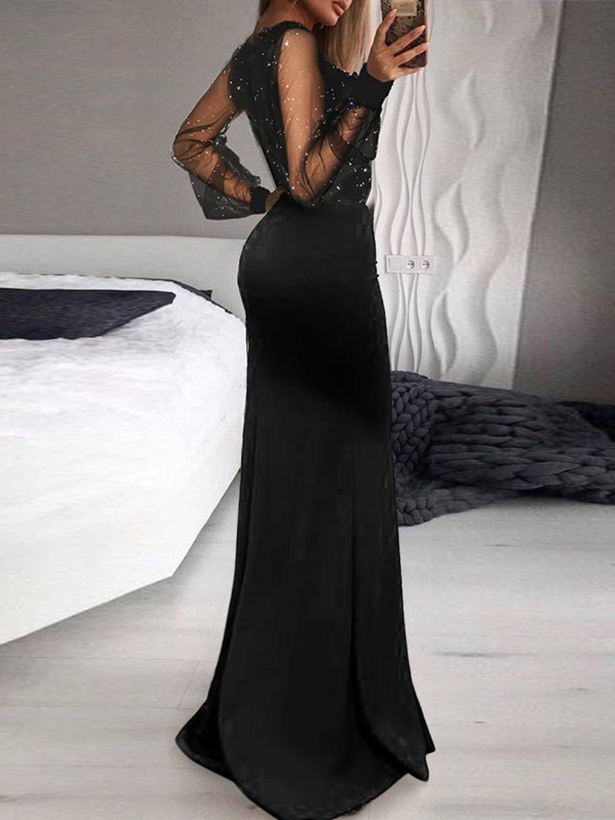 Levoire | Robe Longue À Décolleté En V Brillant Sequins Fendue Sur Les Côtés Avec Volants Manches Longues Femme Élégante Soirée Cérémonie