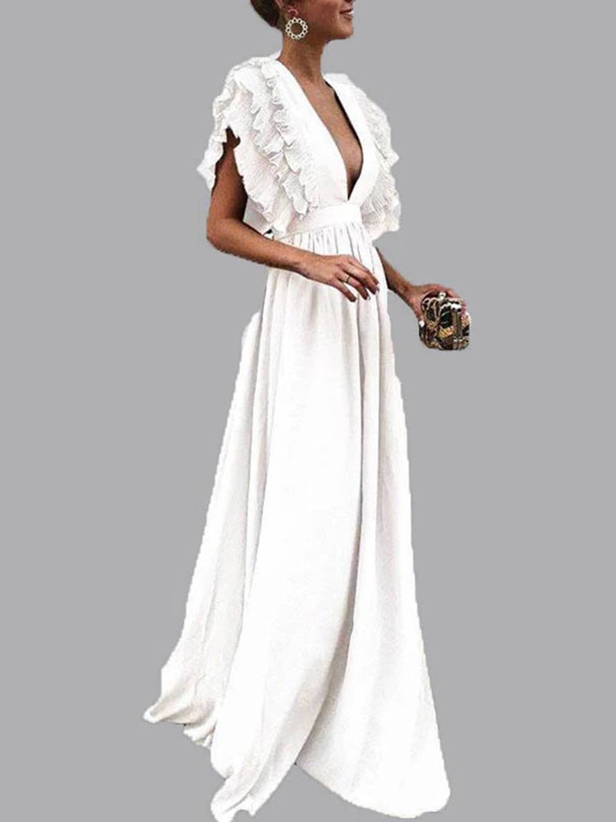 Levoire | Robe Longue Avec Volants Décolleté Profond Fluide Manches Courtes Femmes Bohème Élégante Soirée Blanc