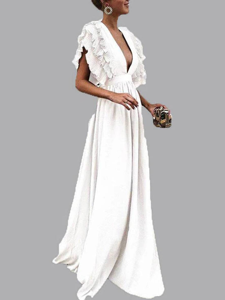 Levoire | Robe Longue Avec Volants Décolleté Profond Fluide Manches Courtes Femmes Bohème Élégante Soirée Blanc