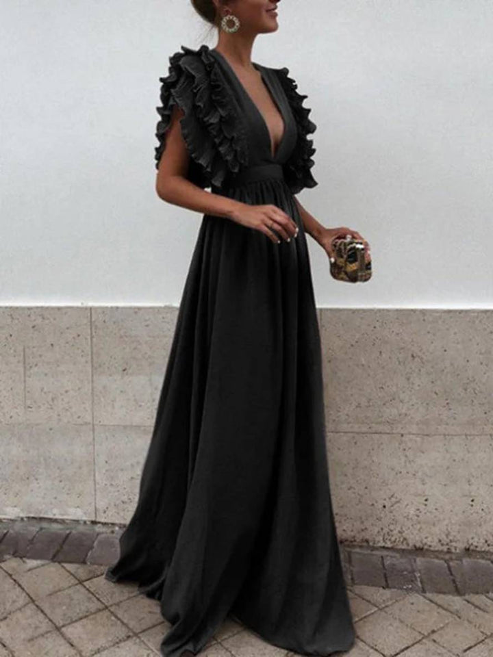 Levoire | Robe Longue Avec Volants Décolleté Profond Fluide Manches Courtes Femmes Bohème Élégante Soirée Noir