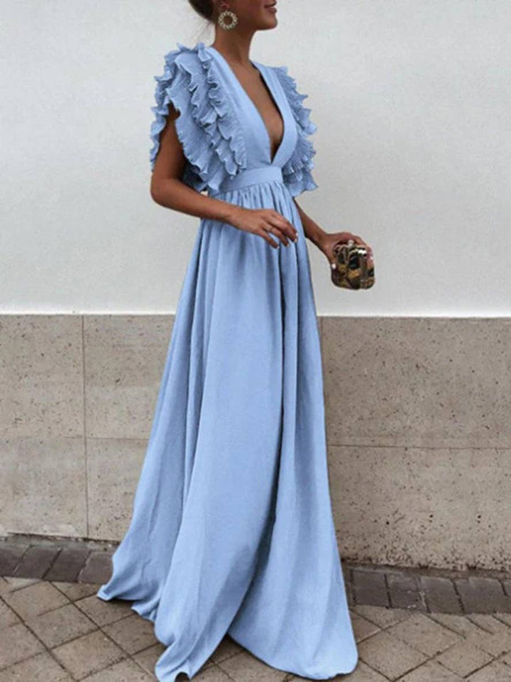 Levoire | Robe Longue Avec Volants Décolleté Profond Fluide Manches Courtes Femmes Bohème Élégante Soirée Bleu