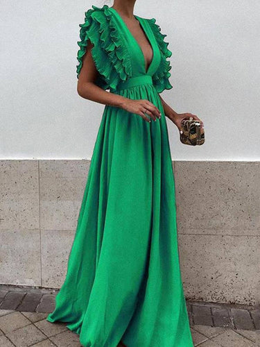 Levoire | Robe Longue Avec Volants Décolleté Profond Fluide Manches Courtes Femmes Bohème Élégante Soirée