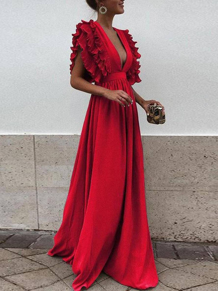 Levoire | Robe Longue Avec Volants Décolleté Profond Fluide Manches Courtes Femmes Bohème Élégante Soirée Rot