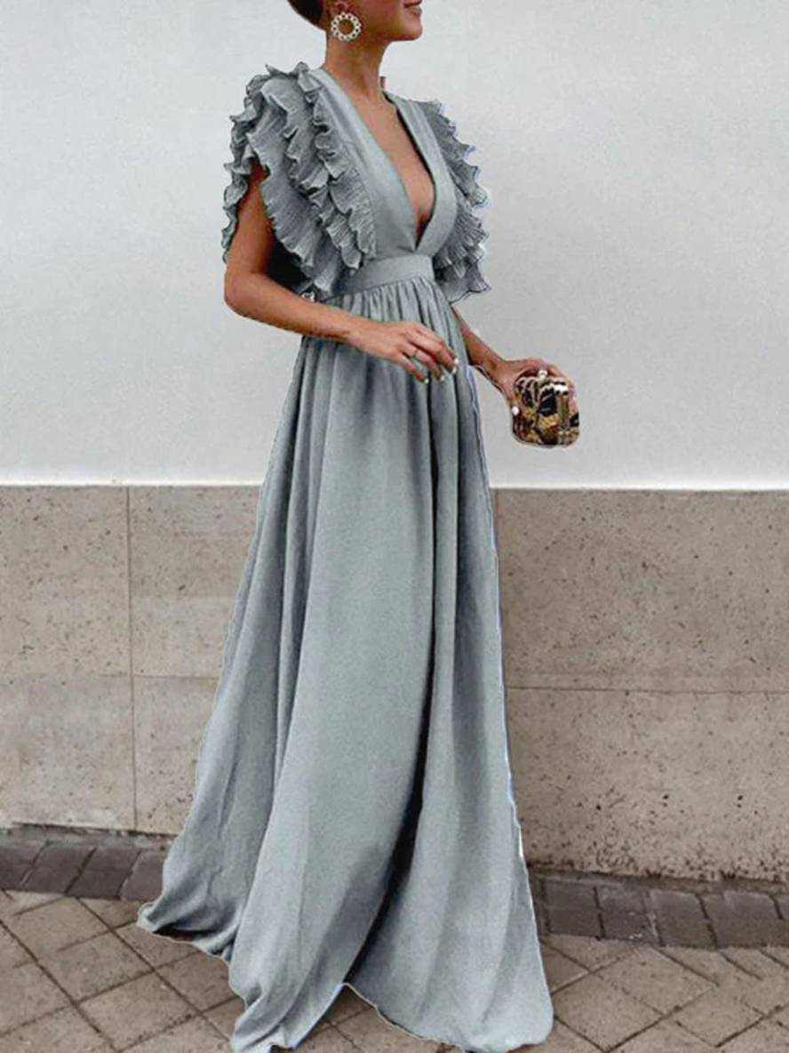 Levoire | Robe Longue Avec Volants Décolleté Profond Fluide Manches Courtes Femmes Bohème Élégante Soirée Gris