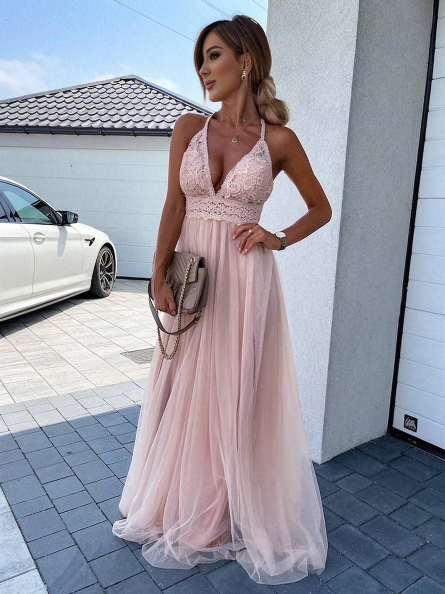 Levoire | Robe Longue En Tulle Dentelle À Décolleté En V Dos Croisé Fluide Sans Manches Pour Femmes Élégante Soirée Plage Rosa