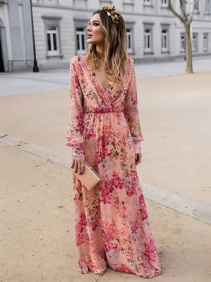Levoire | Robe Longue Imprimé Floral Fluide Décolleté En V Sans Manches Femmes Décontractée Rose Rosa
