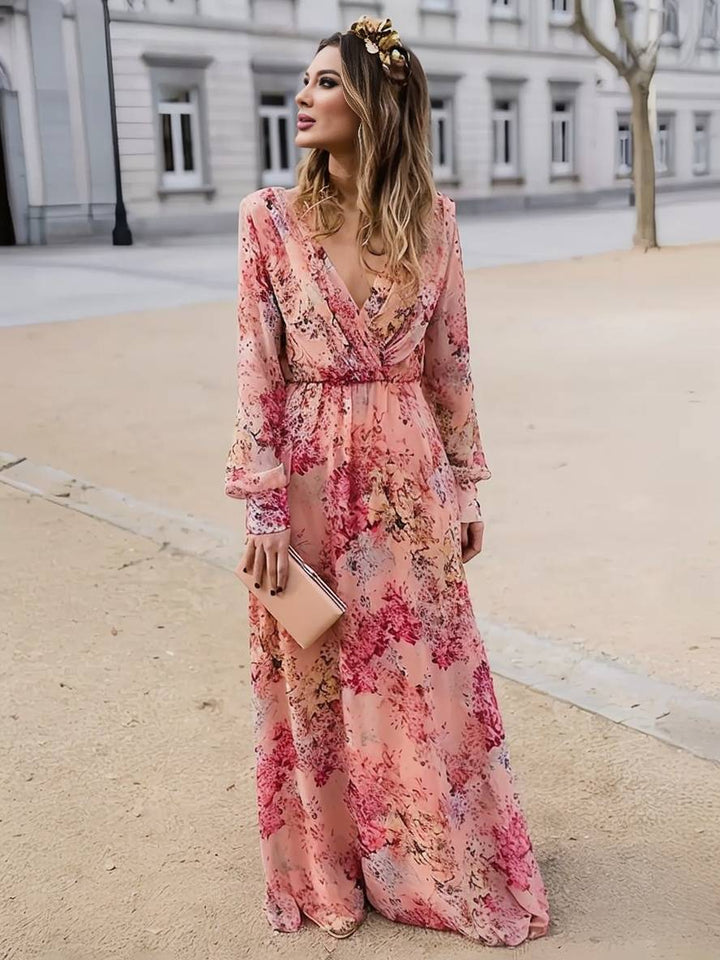 Levoire | Robe Longue Imprimé Floral Fluide Décolleté En V Sans Manches Femmes Décontractée Rose Rosa
