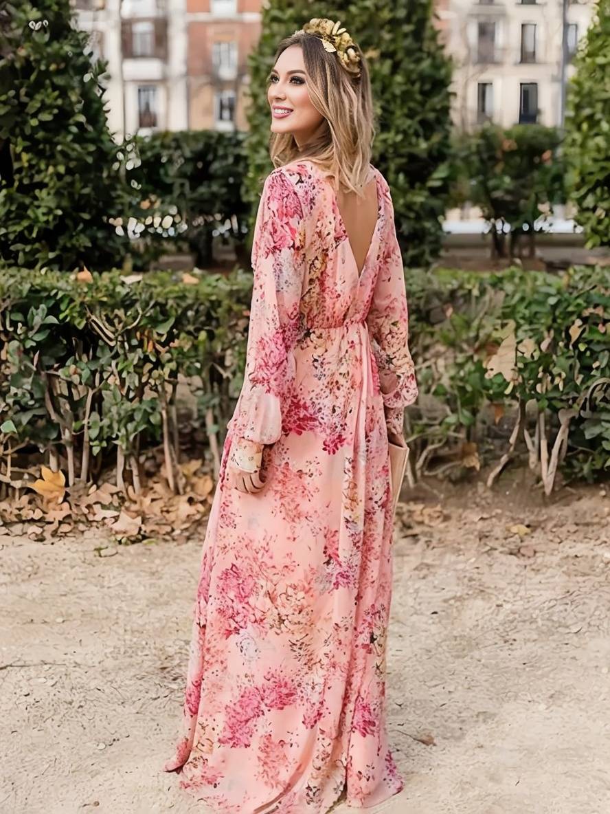 Levoire | Robe Longue Imprimé Floral Fluide Décolleté En V Sans Manches Femmes Décontractée Rose