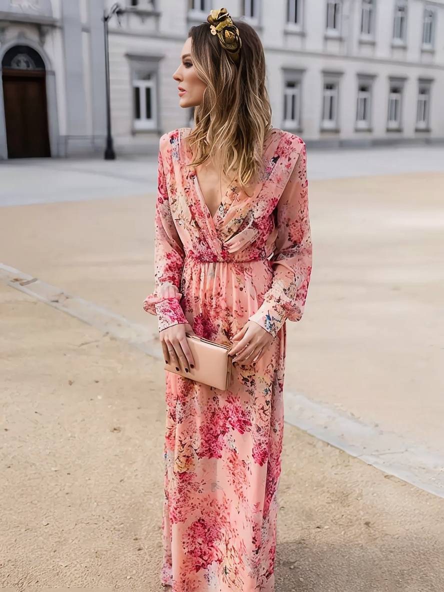 Levoire | Robe Longue Imprimé Floral Fluide Décolleté En V Sans Manches Femmes Décontractée Rose