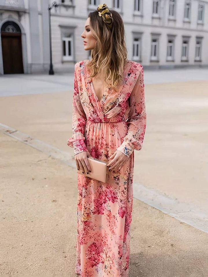 Levoire | Robe Longue Imprimé Floral Fluide Décolleté En V Sans Manches Femmes Décontractée Rose