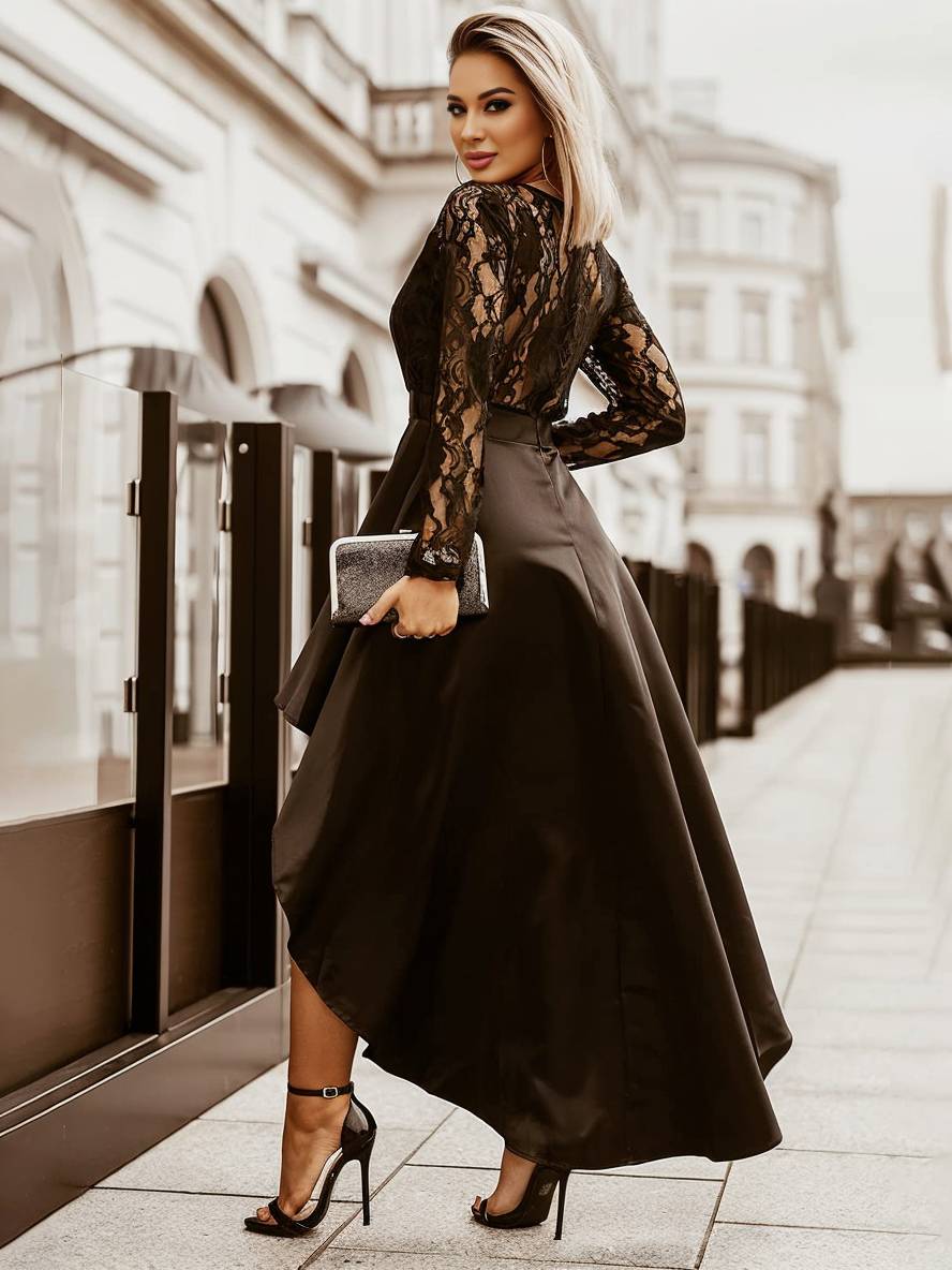 Levoire | Robe Longue Avec Dentelle Courte Devant Longue Derrière Trapèze Décolleté En V Manches Longues Femme Élégante Cocktail