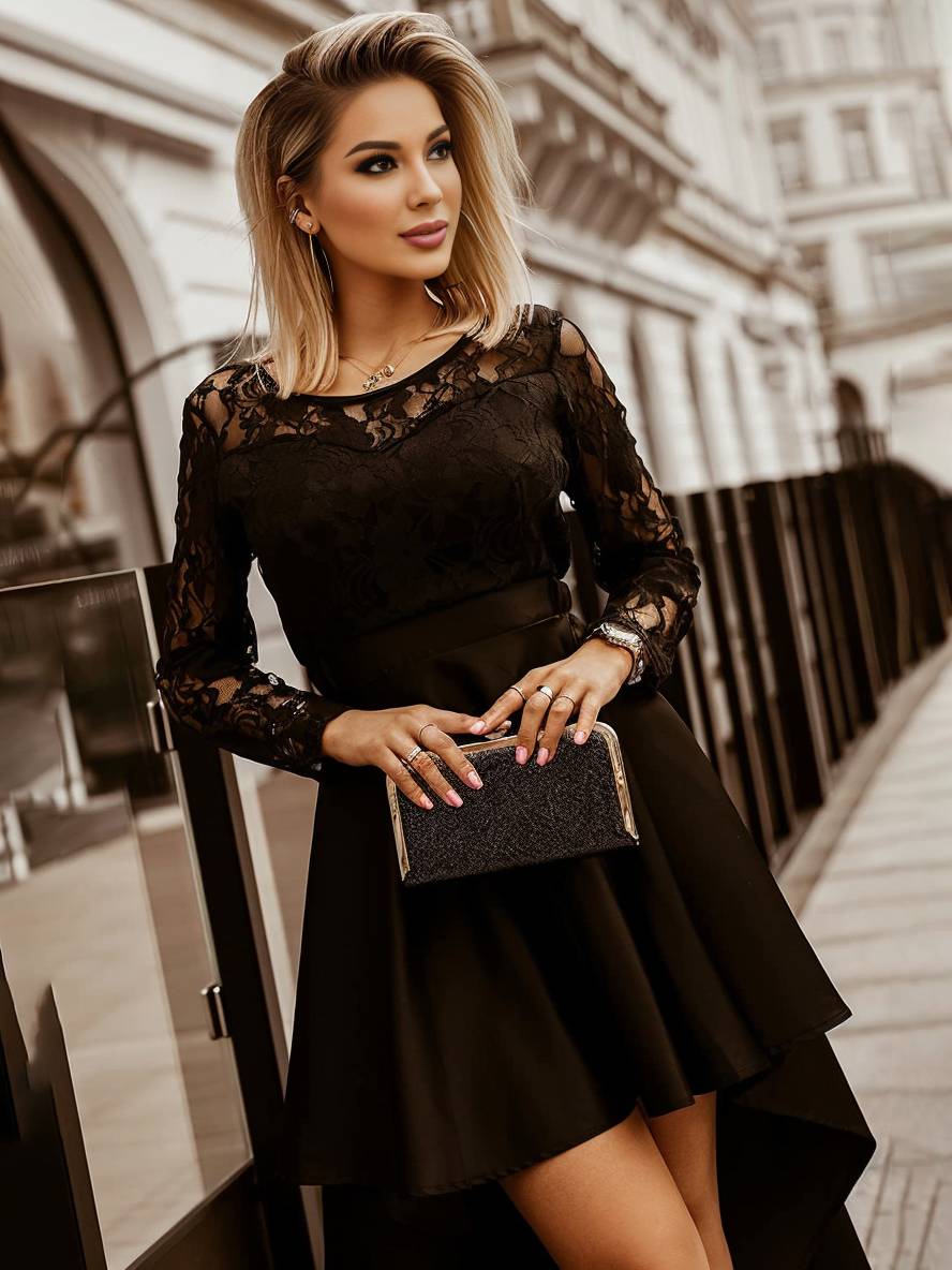 Levoire | Robe Longue Avec Dentelle Courte Devant Longue Derrière Trapèze Décolleté En V Manches Longues Femme Élégante Cocktail