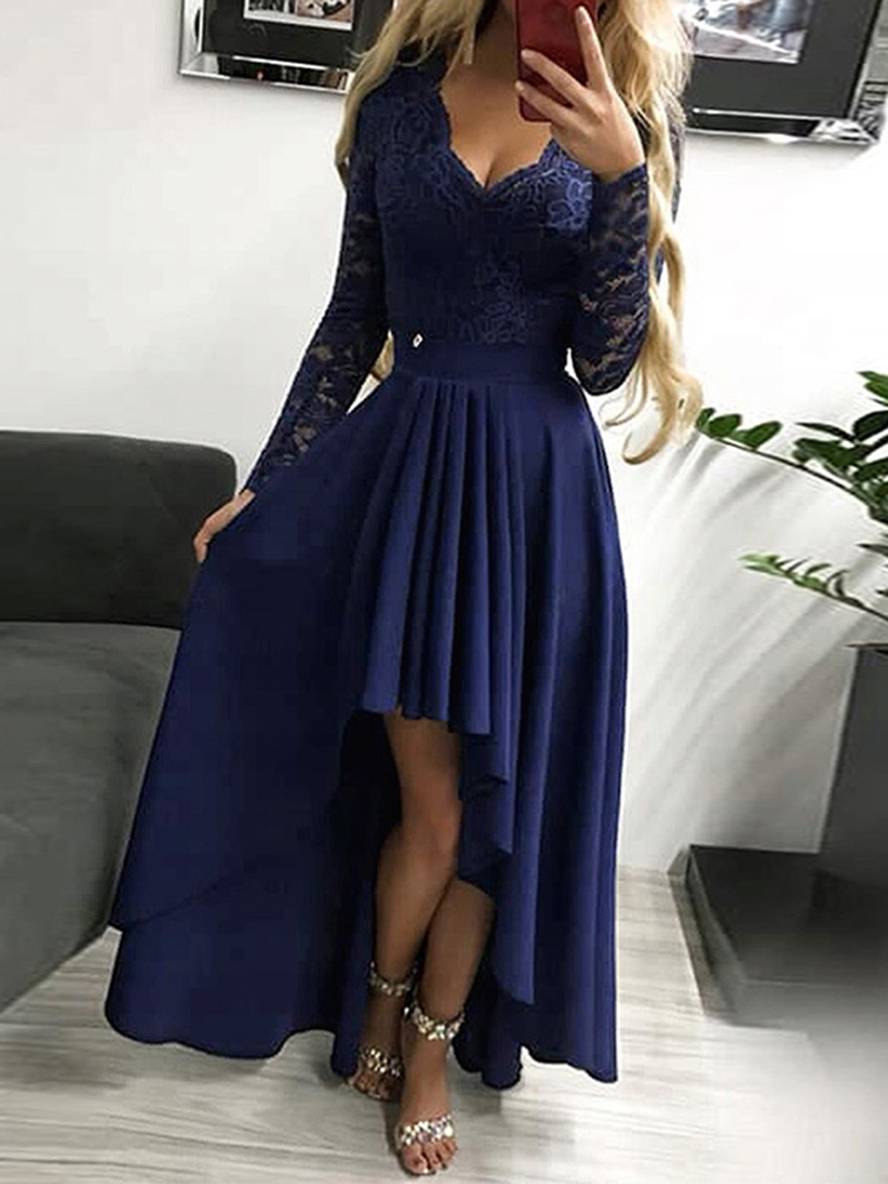 Levoire | Robe Longue Avec Dentelle Courte Devant Longue Derrière Trapèze Décolleté En V Manches Longues Femme Élégante Cocktail Bleu