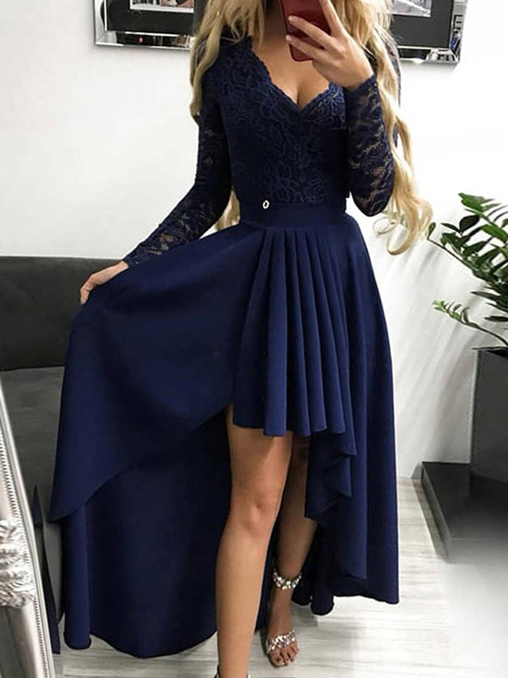Levoire | Robe Longue Avec Dentelle Courte Devant Longue Derrière Trapèze Décolleté En V Manches Longues Femme Élégante Cocktail