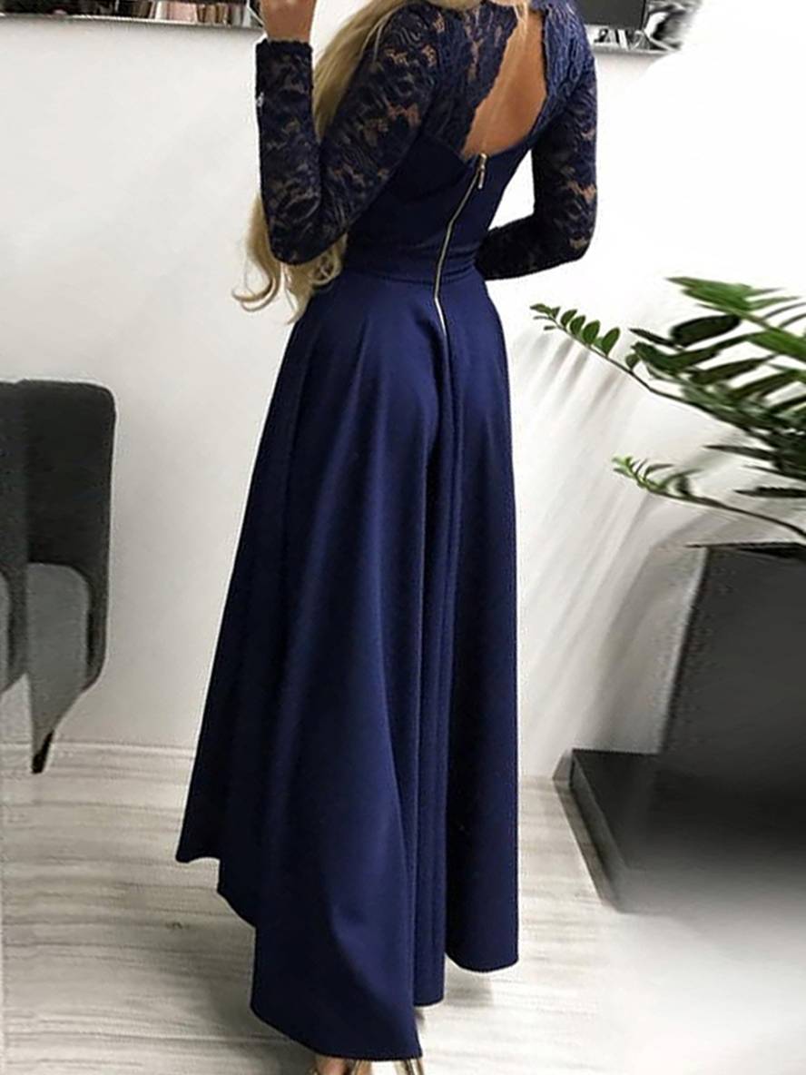 Levoire | Robe Longue Avec Dentelle Courte Devant Longue Derrière Trapèze Décolleté En V Manches Longues Femme Élégante Cocktail