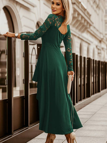 Levoire | Robe Longue Avec Dentelle Courte Devant Longue Derrière Trapèze Décolleté En V Manches Longues Femme Élégante Cocktail