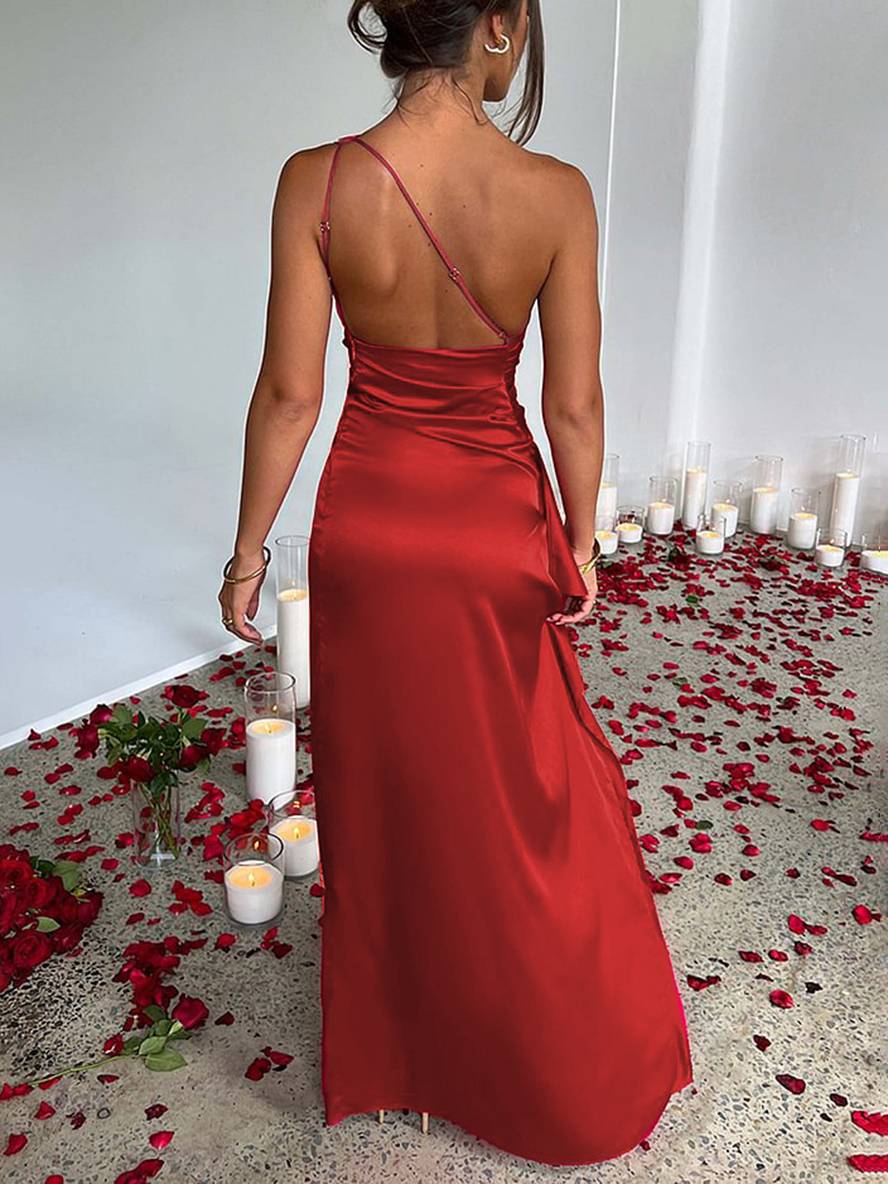 Levoire | Robe De Demoiselle D'Honneur Ajustée Une Épaule Fente Latérale Dos Nu Sans Manches Élégante Robe De Soirée Pour Mariage