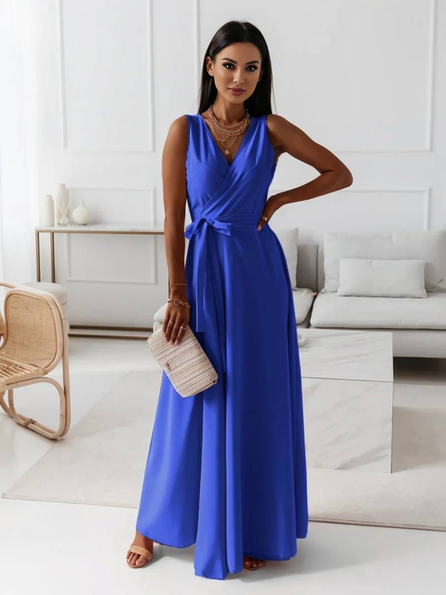 Levoire | Robe Longue À Bretelles Spaghetti Décolleté En V Fluide Avec Ceinture Noeud Sans Manches Pour Femme Élégant Bal De Fin D'Année Bleu