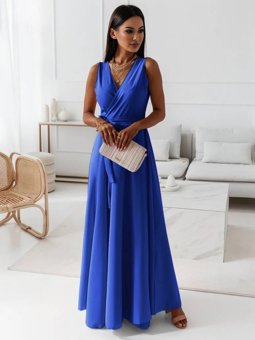 Levoire | Robe Longue À Bretelles Spaghetti Décolleté En V Fluide Avec Ceinture Noeud Sans Manches Pour Femme Élégant Bal De Fin D'Année