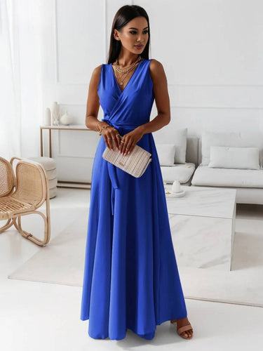 Levoire | Robe Longue À Bretelles Spaghetti Décolleté En V Fluide Avec Ceinture Noeud Sans Manches Pour Femme Élégant Bal De Fin D'Année
