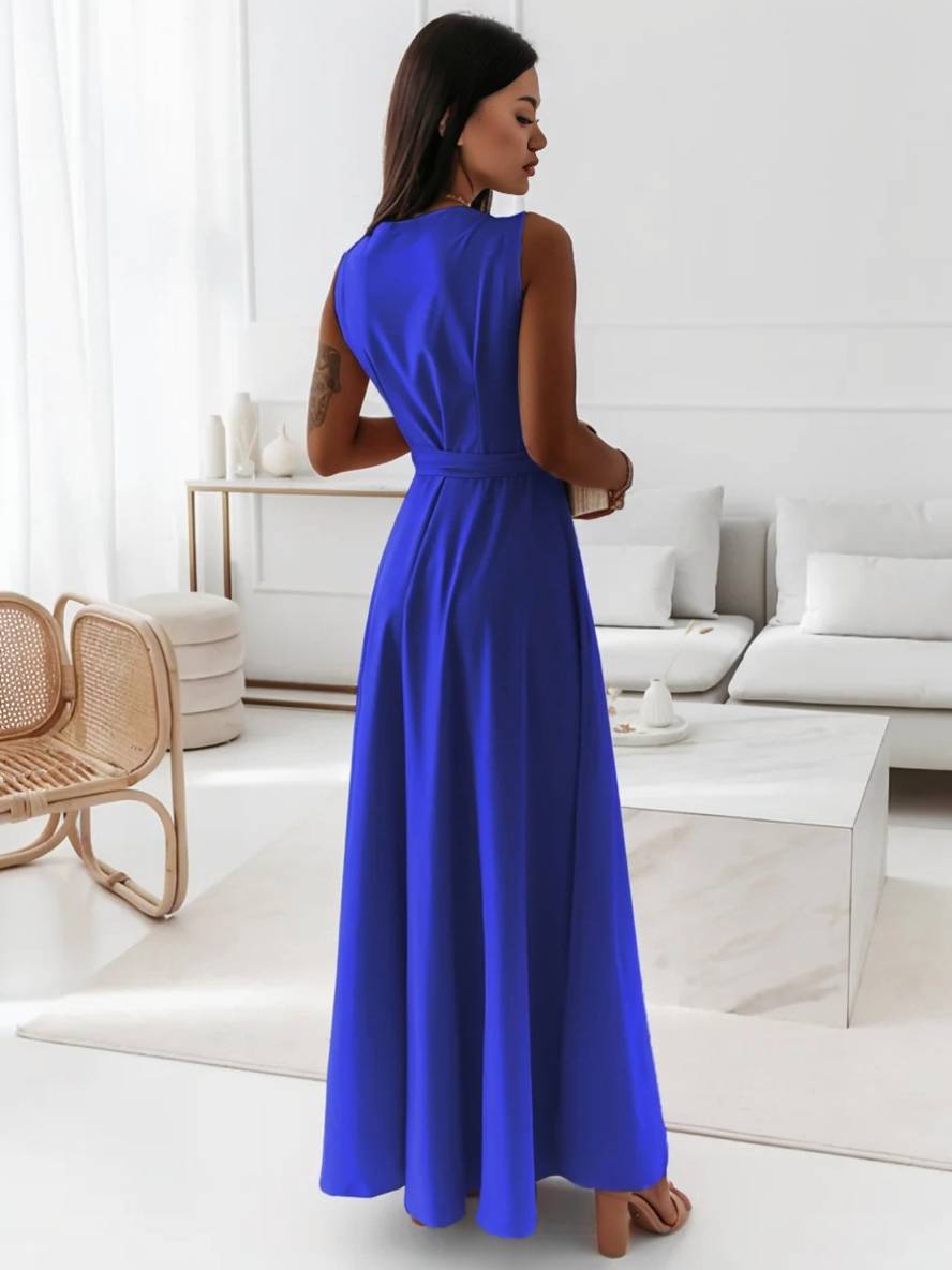 Levoire | Robe Longue À Bretelles Spaghetti Décolleté En V Fluide Avec Ceinture Noeud Sans Manches Pour Femme Élégant Bal De Fin D'Année