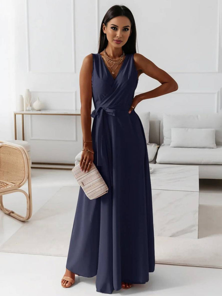Levoire | Robe Longue À Bretelles Spaghetti Décolleté En V Fluide Avec Ceinture Noeud Sans Manches Pour Femme Élégant Bal De Fin D'Année Marine