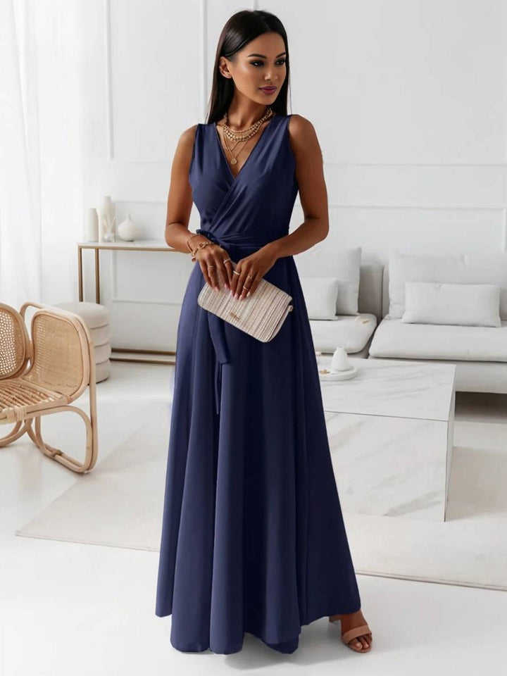 Levoire | Robe Longue À Bretelles Spaghetti Décolleté En V Fluide Avec Ceinture Noeud Sans Manches Pour Femme Élégant Bal De Fin D'Année