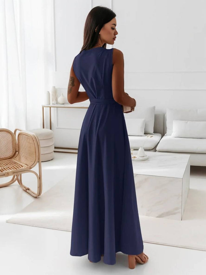 Levoire | Robe Longue À Bretelles Spaghetti Décolleté En V Fluide Avec Ceinture Noeud Sans Manches Pour Femme Élégant Bal De Fin D'Année