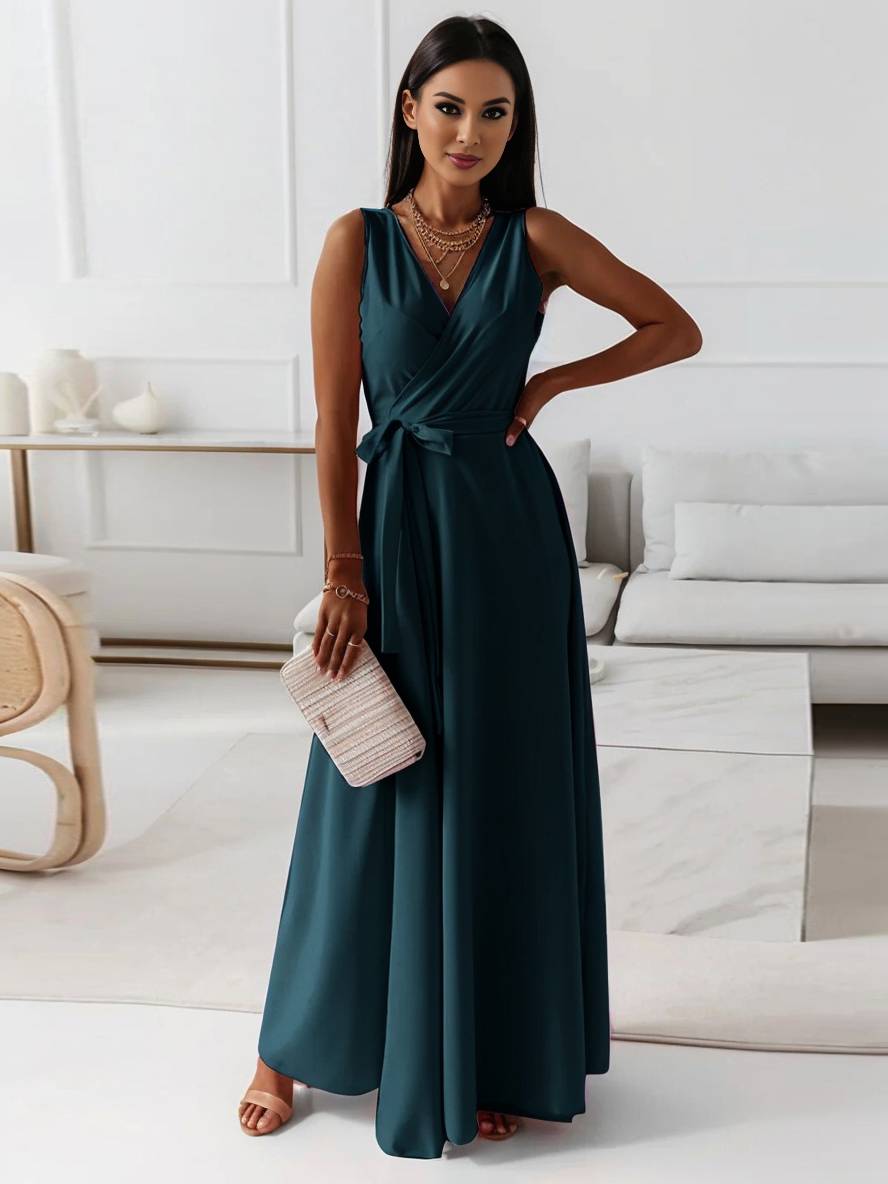 Levoire | Robe Longue À Bretelles Spaghetti Décolleté En V Fluide Avec Ceinture Noeud Sans Manches Pour Femme Élégant Bal De Fin D'Année Vert
