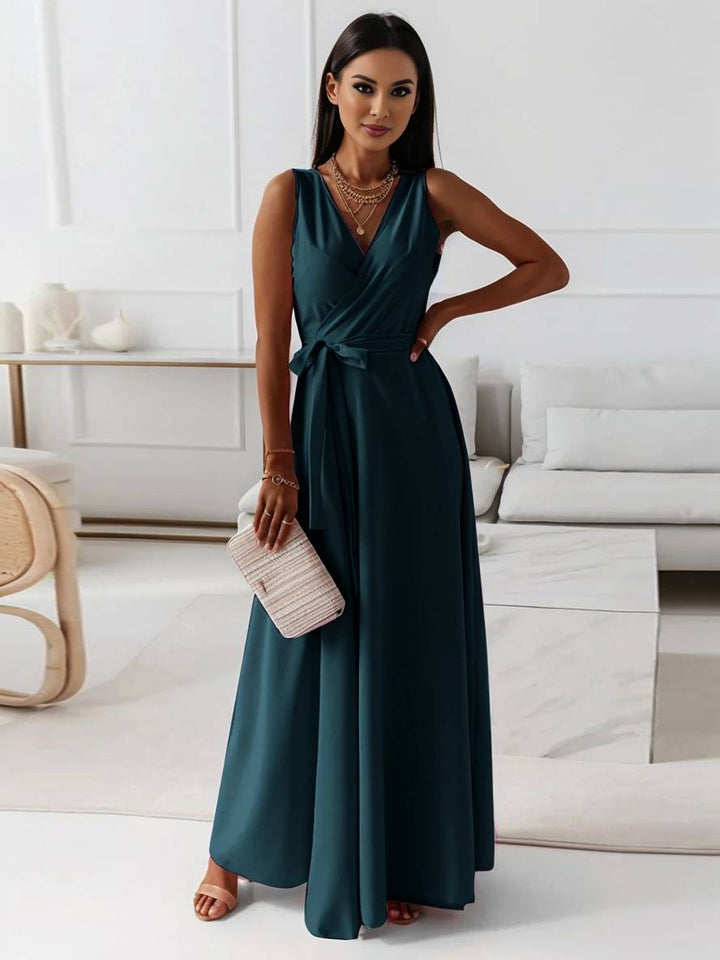 Levoire | Robe Longue À Bretelles Spaghetti Décolleté En V Fluide Avec Ceinture Noeud Sans Manches Pour Femme Élégant Bal De Fin D'Année Vert
