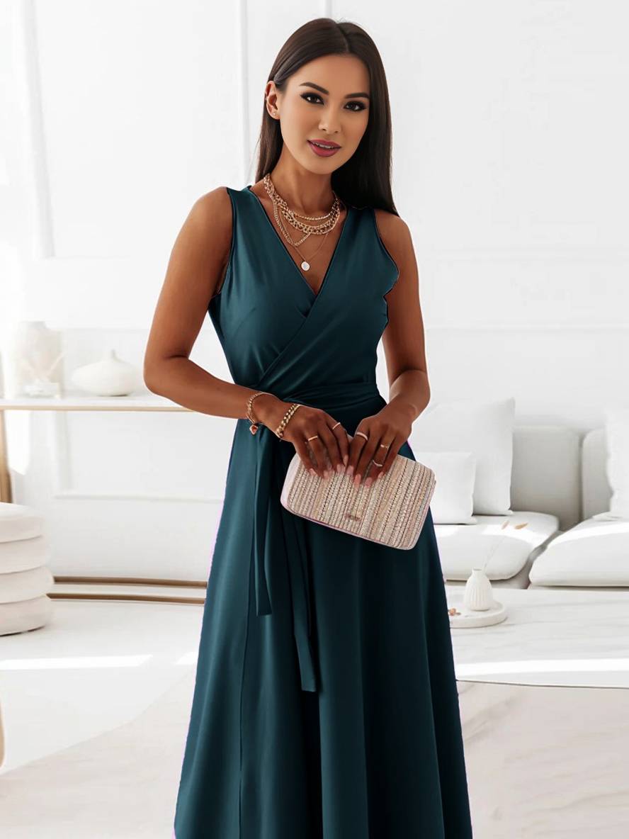 Levoire | Robe Longue À Bretelles Spaghetti Décolleté En V Fluide Avec Ceinture Noeud Sans Manches Pour Femme Élégant Bal De Fin D'Année