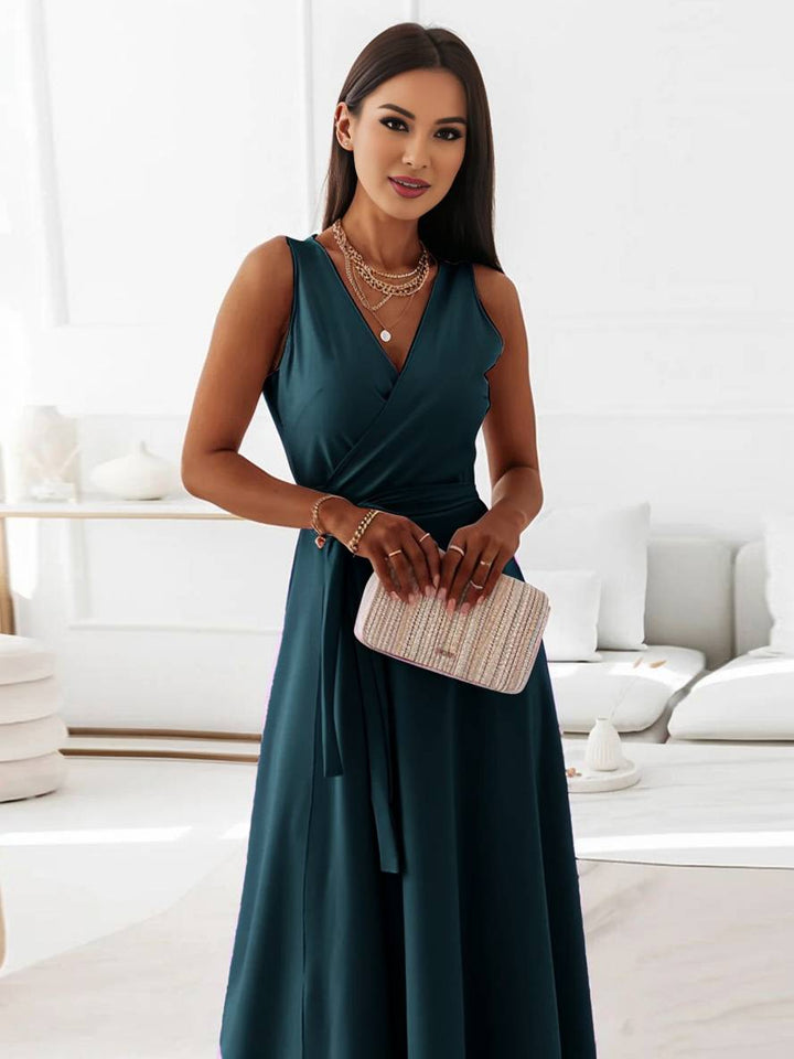 Levoire | Robe Longue À Bretelles Spaghetti Décolleté En V Fluide Avec Ceinture Noeud Sans Manches Pour Femme Élégant Bal De Fin D'Année