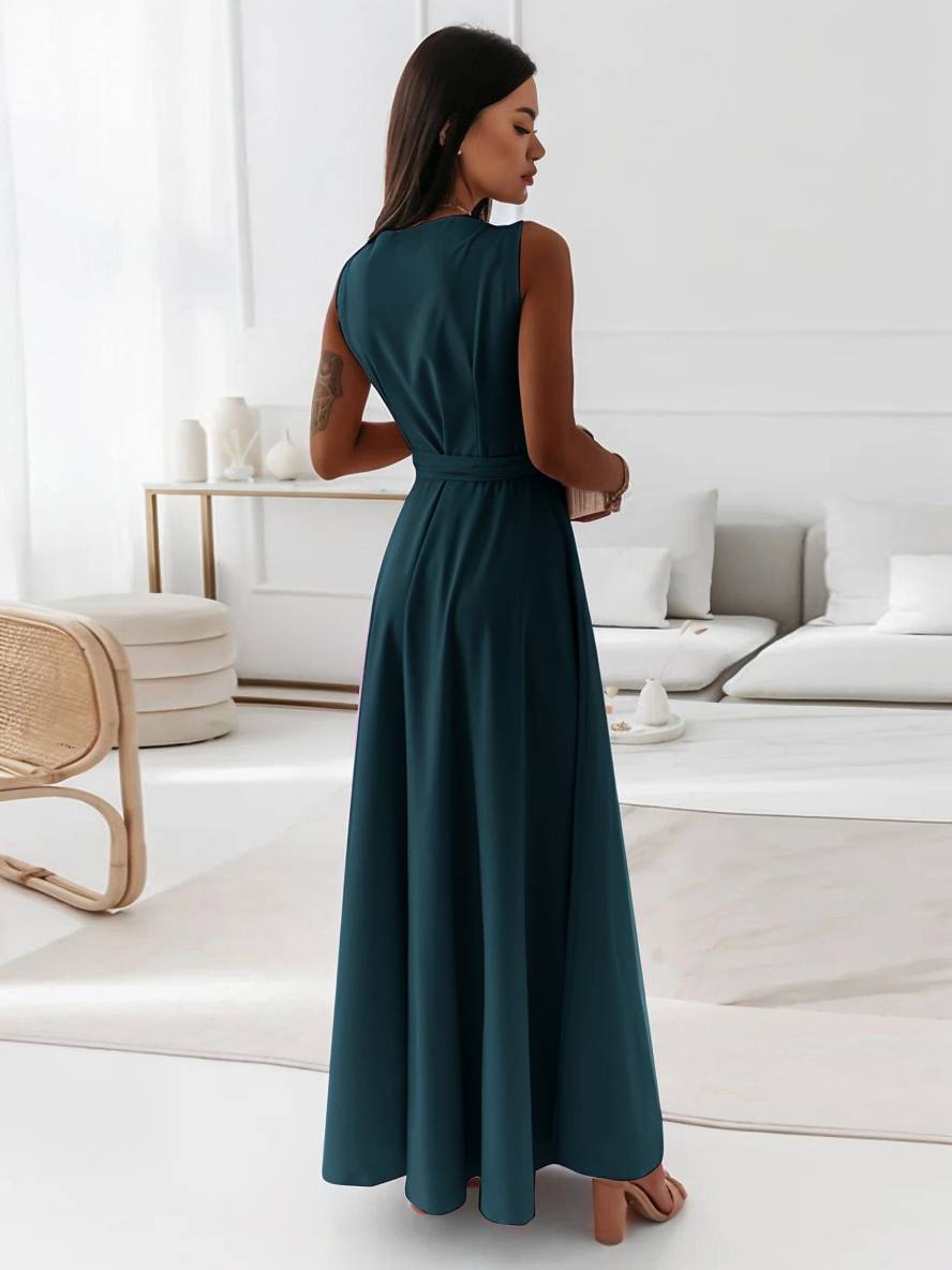 Levoire | Robe Longue À Bretelles Spaghetti Décolleté En V Fluide Avec Ceinture Noeud Sans Manches Pour Femme Élégant Bal De Fin D'Année