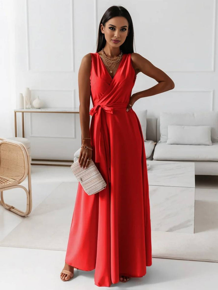 Levoire | Robe Longue À Bretelles Spaghetti Décolleté En V Fluide Avec Ceinture Noeud Sans Manches Pour Femme Élégant Bal De Fin D'Année Rot
