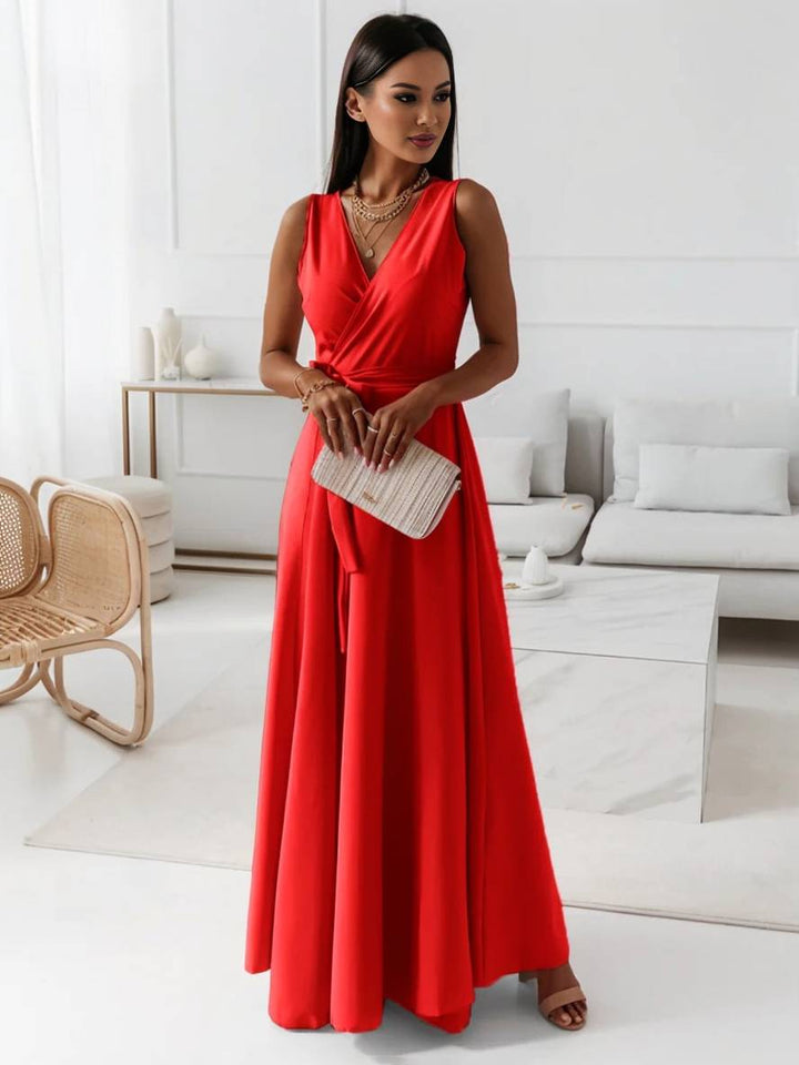 Levoire | Robe Longue À Bretelles Spaghetti Décolleté En V Fluide Avec Ceinture Noeud Sans Manches Pour Femme Élégant Bal De Fin D'Année