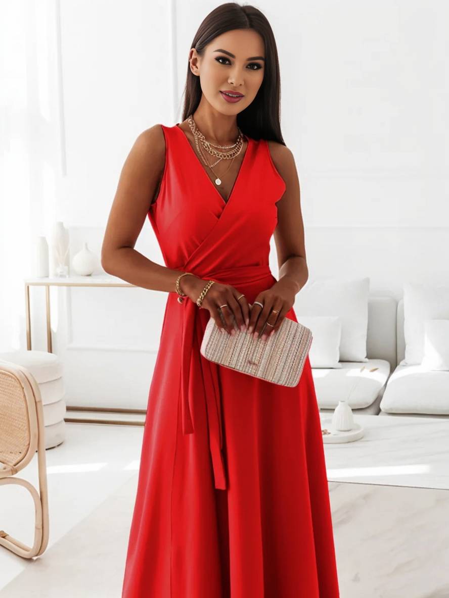 Levoire | Robe Longue À Bretelles Spaghetti Décolleté En V Fluide Avec Ceinture Noeud Sans Manches Pour Femme Élégant Bal De Fin D'Année