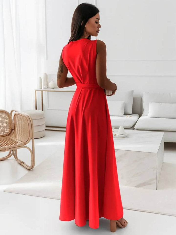 Levoire | Robe Longue À Bretelles Spaghetti Décolleté En V Fluide Avec Ceinture Noeud Sans Manches Pour Femme Élégant Bal De Fin D'Année
