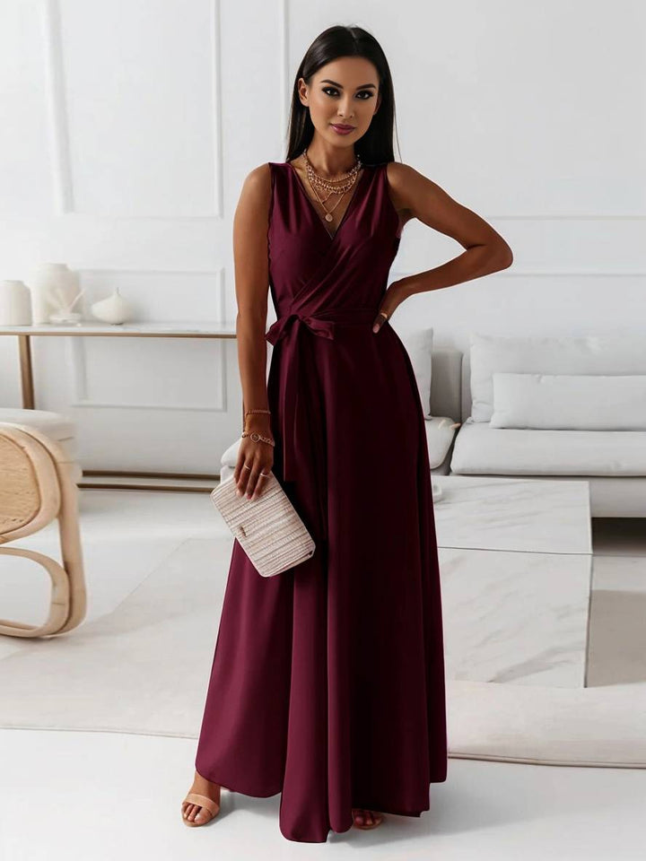 Levoire | Robe Longue À Bretelles Spaghetti Décolleté En V Fluide Avec Ceinture Noeud Sans Manches Pour Femme Élégant Bal De Fin D'Année Bordeaux