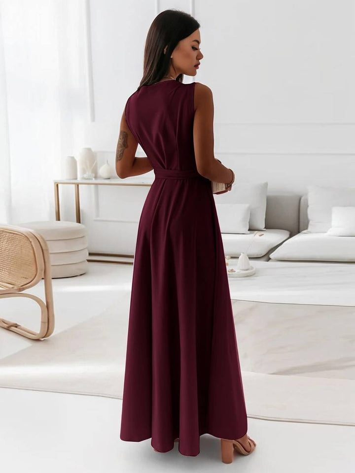 Levoire | Robe Longue À Bretelles Spaghetti Décolleté En V Fluide Avec Ceinture Noeud Sans Manches Pour Femme Élégant Bal De Fin D'Année