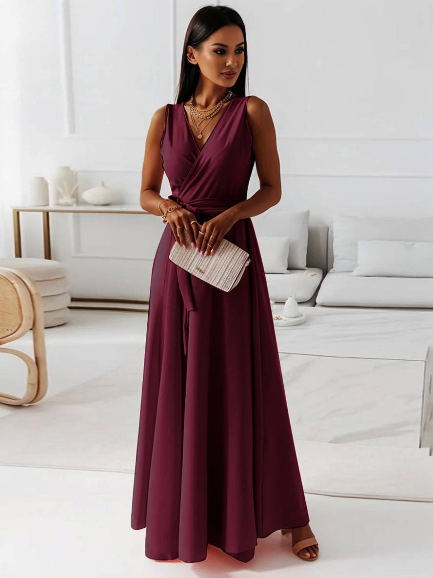 Levoire | Robe Longue À Bretelles Spaghetti Décolleté En V Fluide Avec Ceinture Noeud Sans Manches Pour Femme Élégant Bal De Fin D'Année