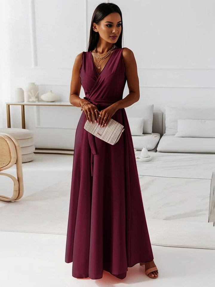 Levoire | Robe Longue À Bretelles Spaghetti Décolleté En V Fluide Avec Ceinture Noeud Sans Manches Pour Femme Élégant Bal De Fin D'Année