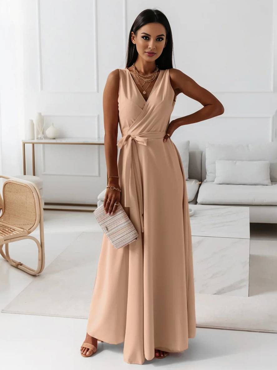 Levoire | Robe Longue À Bretelles Spaghetti Décolleté En V Fluide Avec Ceinture Noeud Sans Manches Pour Femme Élégant Bal De Fin D'Année Khaki