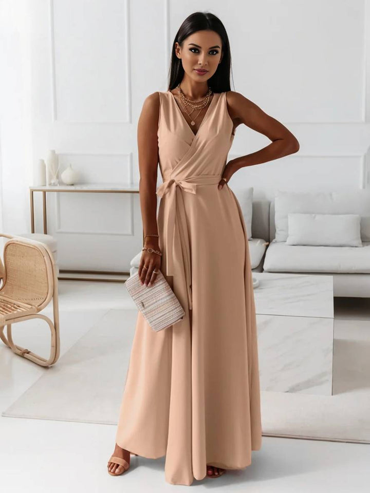 Levoire | Robe Longue À Bretelles Spaghetti Décolleté En V Fluide Avec Ceinture Noeud Sans Manches Pour Femme Élégant Bal De Fin D'Année Khaki