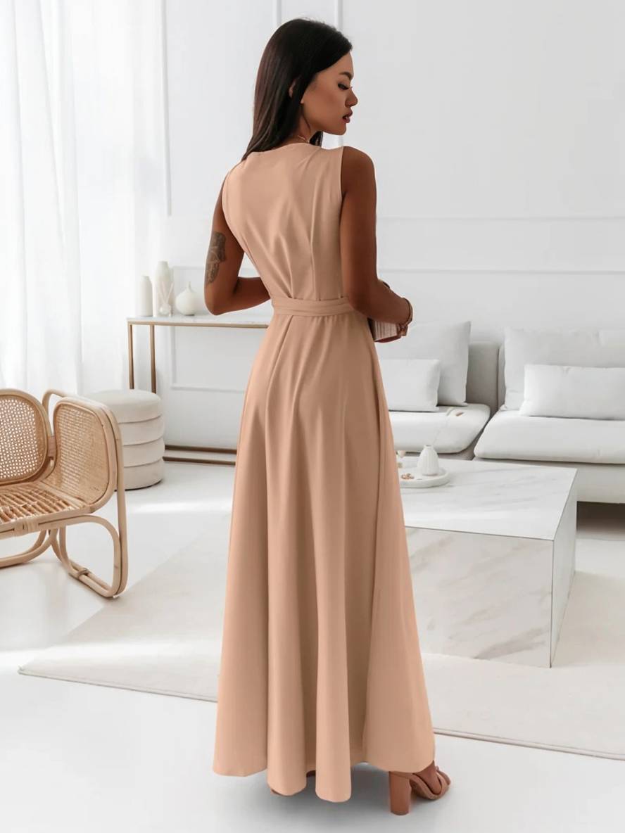 Levoire | Robe Longue À Bretelles Spaghetti Décolleté En V Fluide Avec Ceinture Noeud Sans Manches Pour Femme Élégant Bal De Fin D'Année