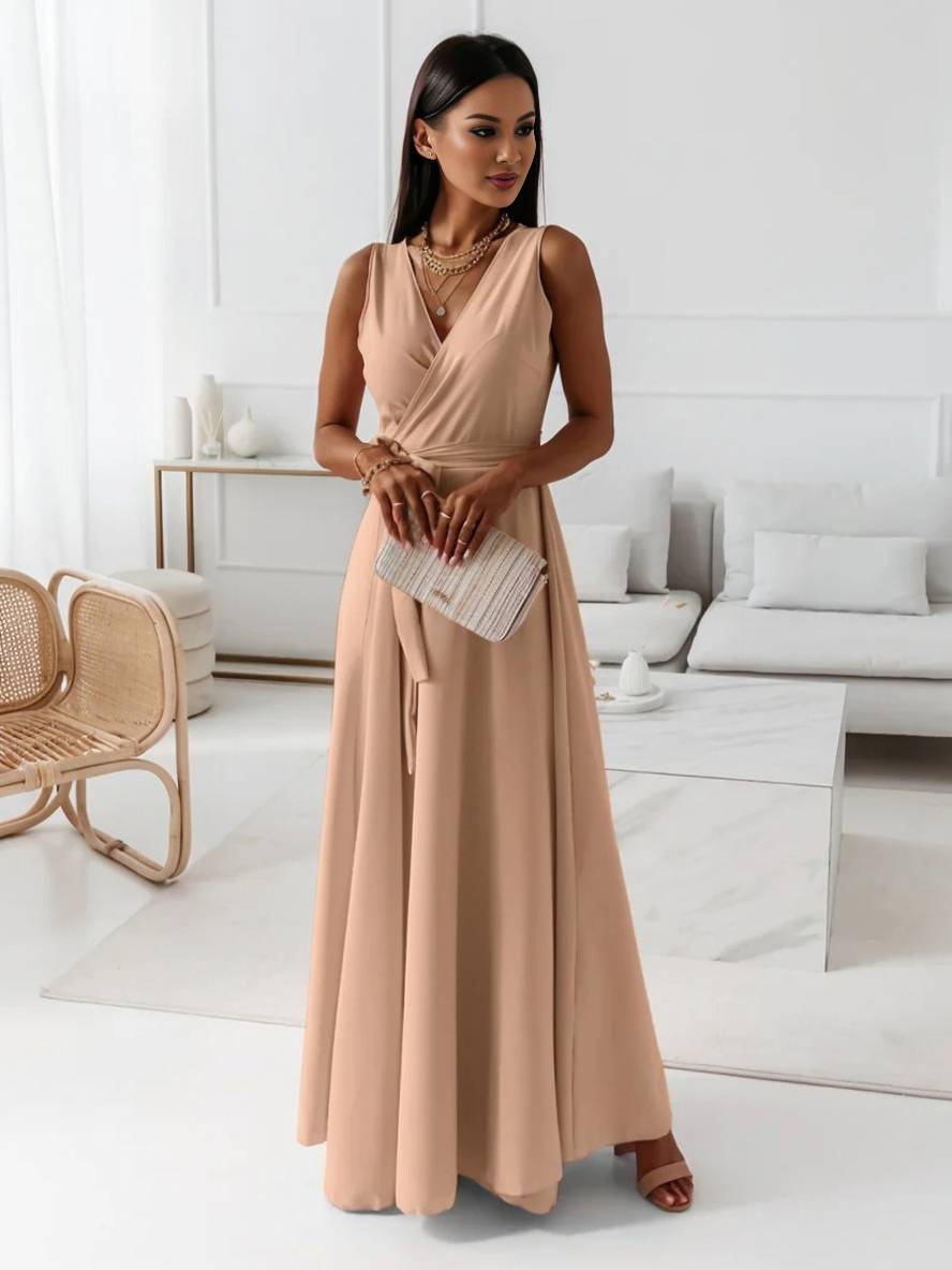Levoire | Robe Longue À Bretelles Spaghetti Décolleté En V Fluide Avec Ceinture Noeud Sans Manches Pour Femme Élégant Bal De Fin D'Année
