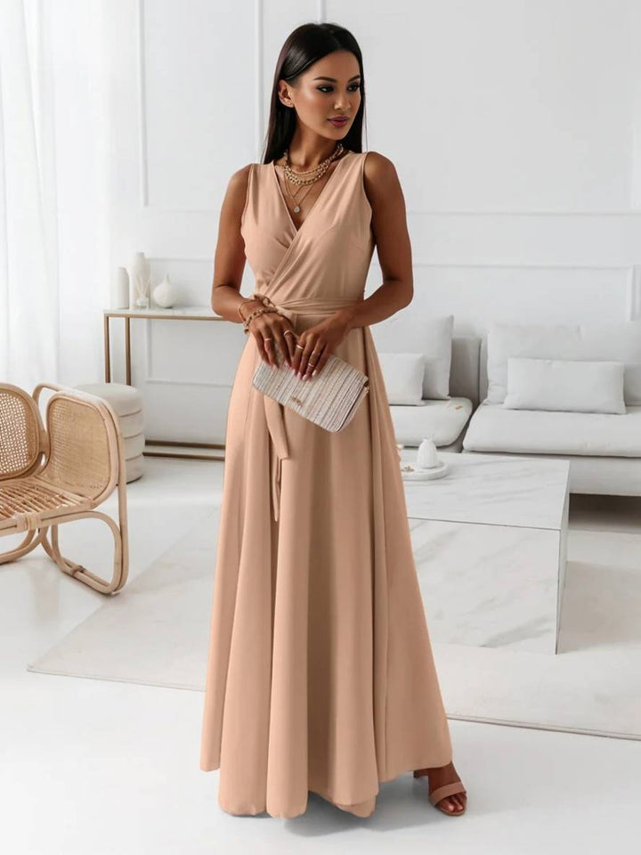 Levoire | Robe Longue À Bretelles Spaghetti Décolleté En V Fluide Avec Ceinture Noeud Sans Manches Pour Femme Élégant Bal De Fin D'Année