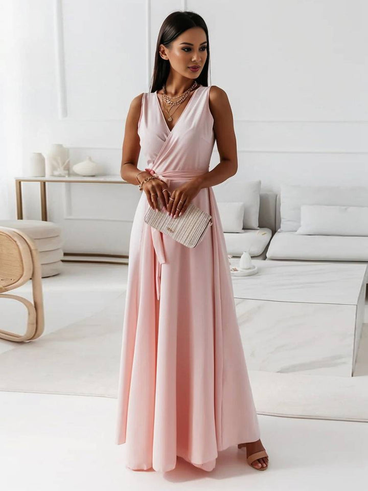 Levoire | Robe Longue À Bretelles Spaghetti Décolleté En V Fluide Avec Ceinture Noeud Sans Manches Pour Femme Élégant Bal De Fin D'Année Rosa