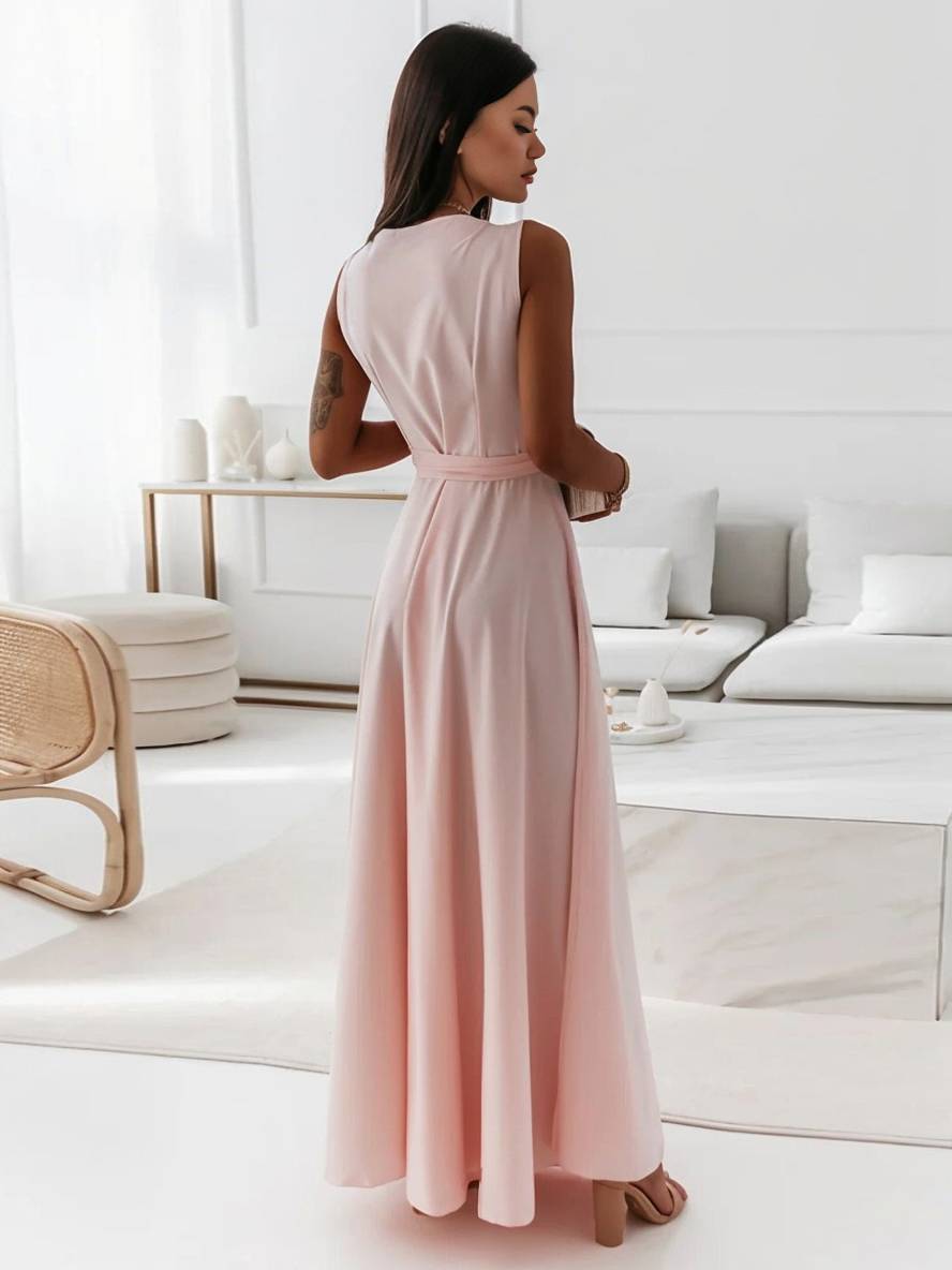 Levoire | Robe Longue À Bretelles Spaghetti Décolleté En V Fluide Avec Ceinture Noeud Sans Manches Pour Femme Élégant Bal De Fin D'Année