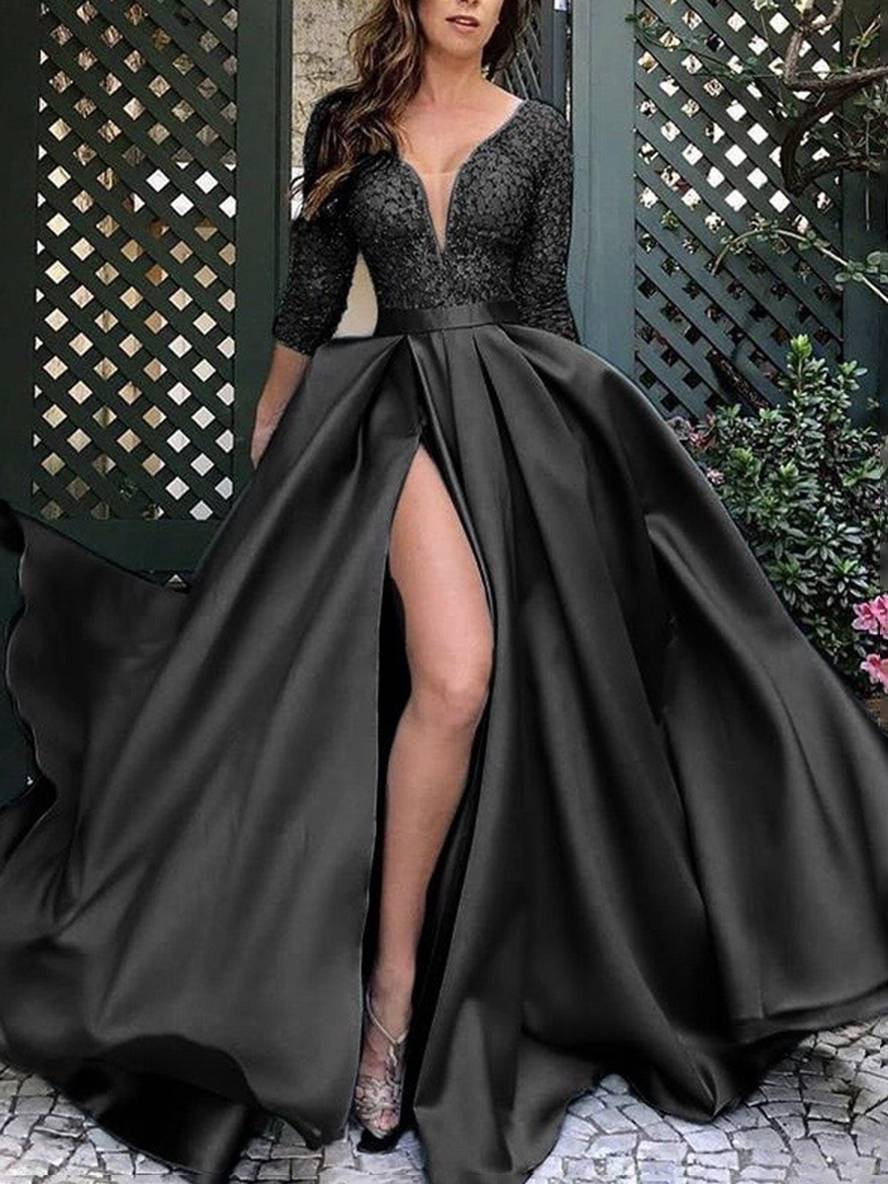 Levoire | Maxi Longue Robe Avec Dentelle Décolleté En V Élegante Femme Cérémonie De Soirée Noir
