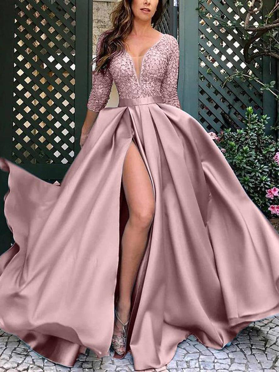Levoire | Maxi Longue Robe Avec Dentelle Décolleté En V Élegante Femme Cérémonie De Soirée Rosa